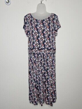 Boden Amelie Bird Floral Jersey Midi Dress Navy Blue Short Sleeve Size 12